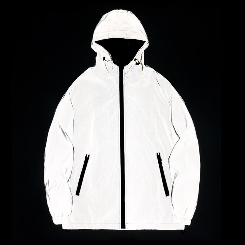 Mens Night Reflective Jackets with Hood, Double Fabric Hip Hop Windbreaker, Waterproof Zipper Coats & Stylish Outwear
