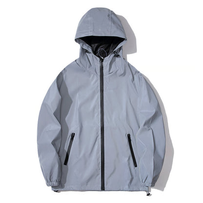 Mens Night Reflective Jackets with Hood, Double Fabric Hip Hop Windbreaker, Waterproof Zipper Coats & Stylish Outwear