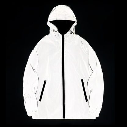 Mens Night Reflective Jackets with Hood, Double Fabric Hip Hop Windbreaker, Waterproof Zipper Coats & Stylish Outwear